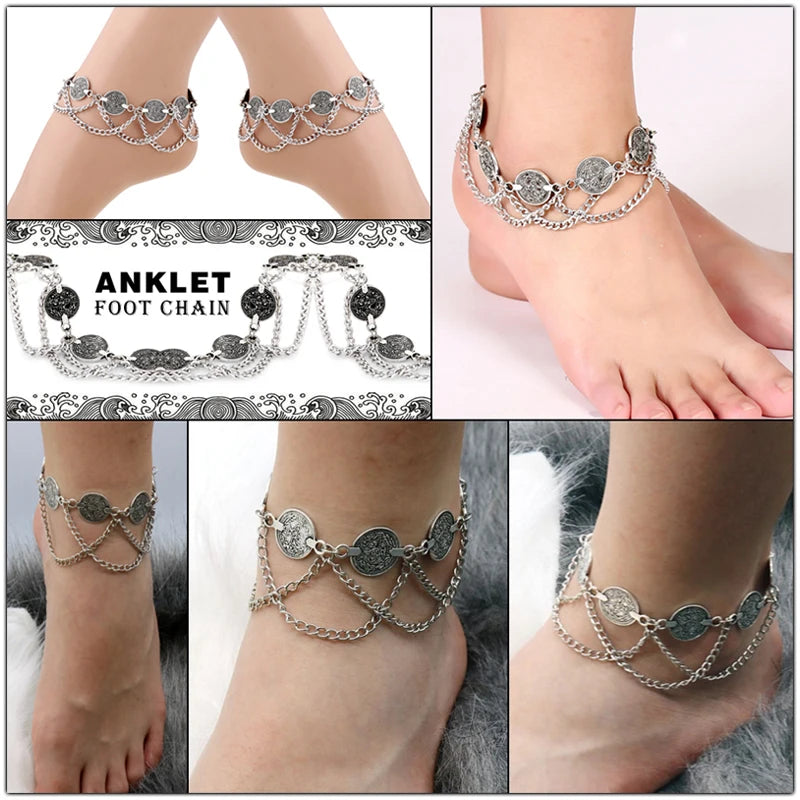 Vintage Silver colour Coin Charm Tassel Toe Ankle Bracelet Beach Chaine Cheville Femme Foot Jewellery