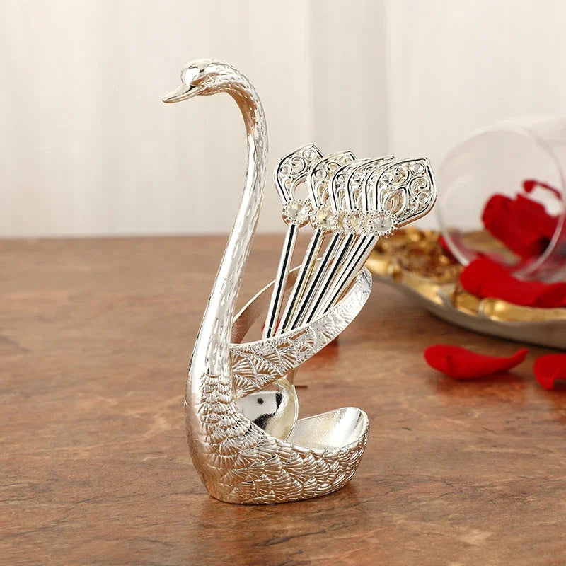 7pcs Spoon Set Zinc Alloy Coffee Spoon with Swan Shaped Holder Creative Luxury Dessert Utensils For Tea Ice Cream Stirring Tools