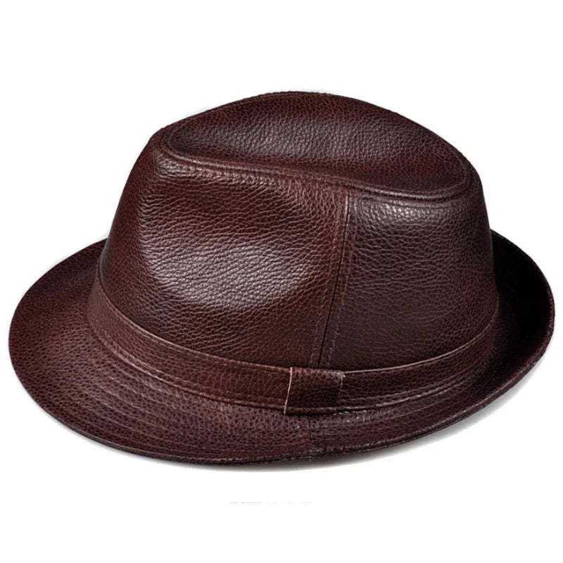 Man High Quality Genuine Leather Formal Hat Jazz Gentleman Cow Skin Short Black/Brown Top Hat