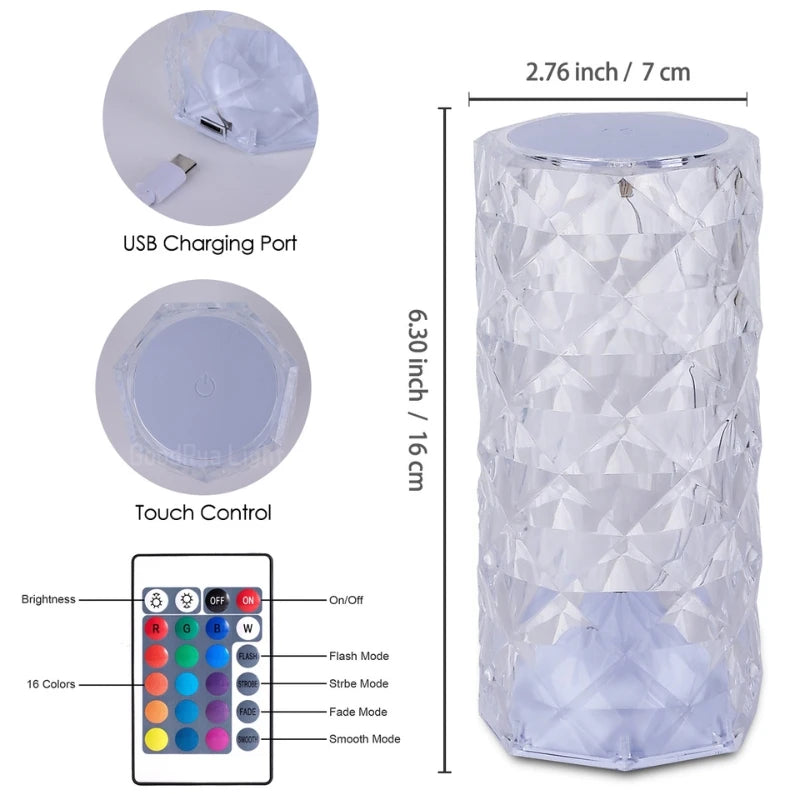 3/16 Colour LED Crystal Table Lamp Rechargeable Touch Rose Romantic Night Lamp home Bar Decoration