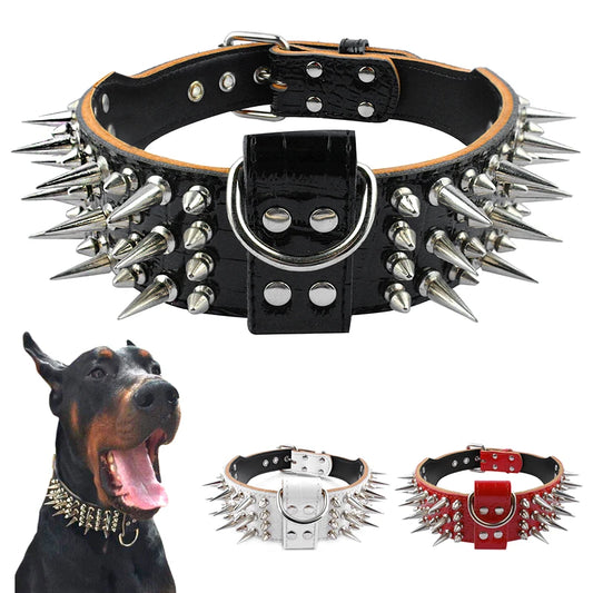 Wide Leather Dog Collar Sharp  Big Dog Collars Pet Training Necklace For Large X-Large Dogs Rottweiler Pitbull 2.0"