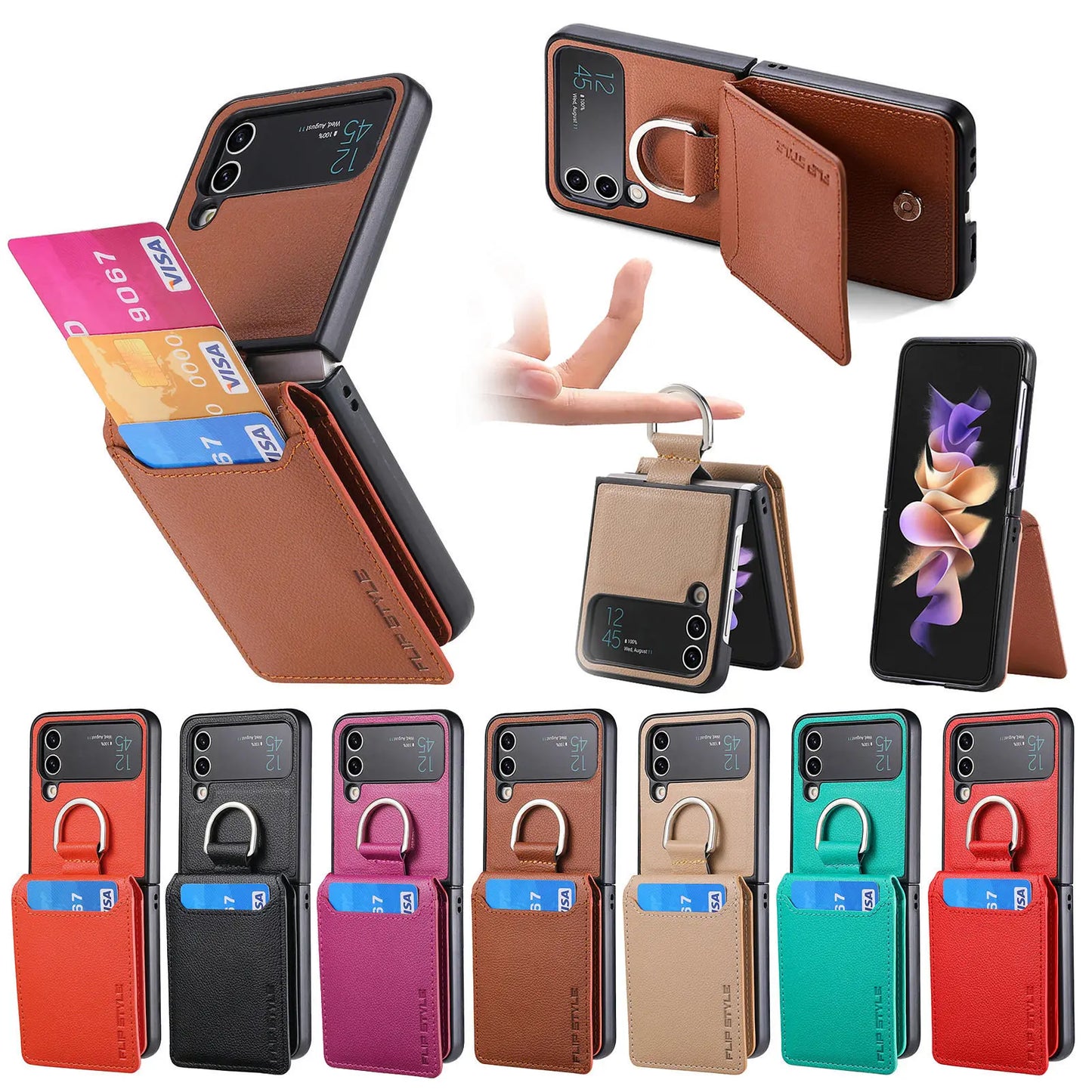 Wallet Phone Case For Samsung Z Flip 4 Finger Ring Card Holder Stand Shockproof Leather Cover