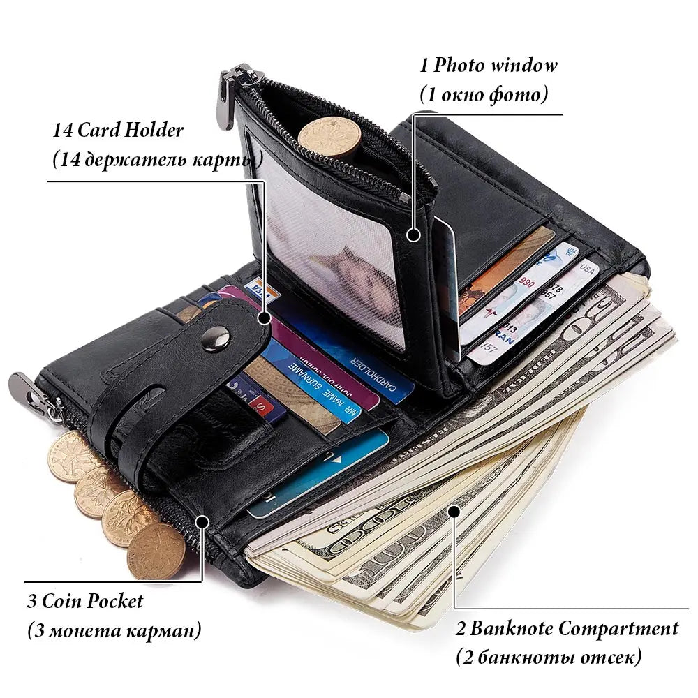 Genuine Cowhide Leather Wallet For Men Short RFID Money Purse