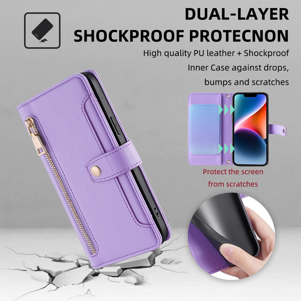 Ladies Card Slots Wallet Crossbody Phone Case for iPhone 15 14 13 12 11 Pro Max Cover with strap