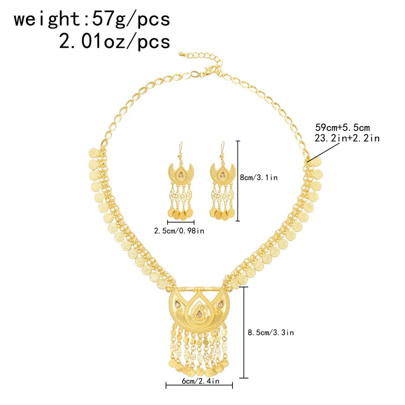 Charms Golden Women Jewelry Sets Bohemian Ethnic Tassel Coins Pendant Necklace Sets Statement Indian Moon Earrings 2 Piece Sets - Hiron Store