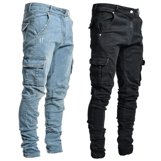 Street Elastic Jeans Men Denim Cargo Pants Multi Pockets Trousers