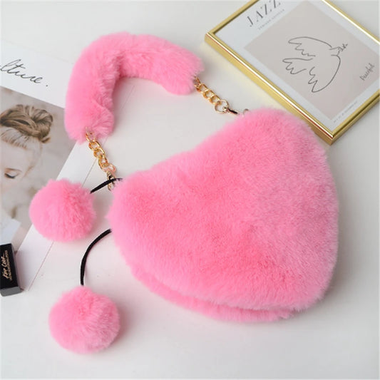 Luxury Faux Fur Heart-shaped Women Small Handbags Fluffy Plush Ladies Chain Shoulder Bag Fashion Female Furry Daily Clutch Purse - Hiron Store