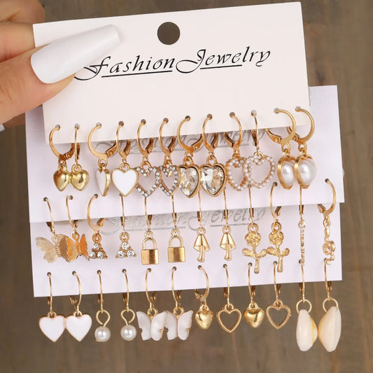 18 Pairs Of Lady Earrings Snake Butterfly Mushroom Lock Diamond-encrusted Zircon Pearl Love Earring Set - Hiron Store