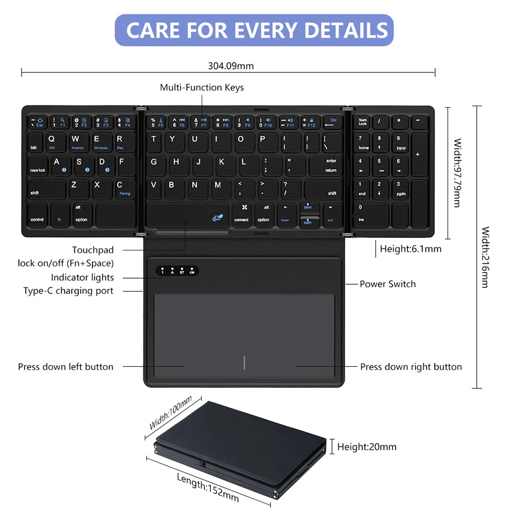 BOW Foladable Bluetooth Keyboard with Touchpad Pocket Folding Keyboard for Laptop Phone Tablet  Wireless Rechargeable Keyboard