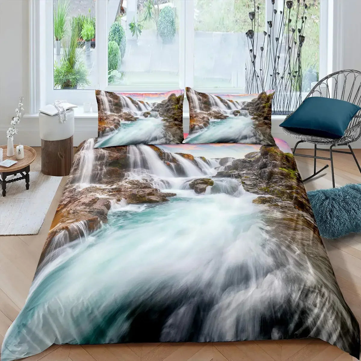 Waterfall Duvet Cover Set Natural Scenery Quilt Cover Pillowcase Landscape Forest Queen Size Polyester Bedding Set