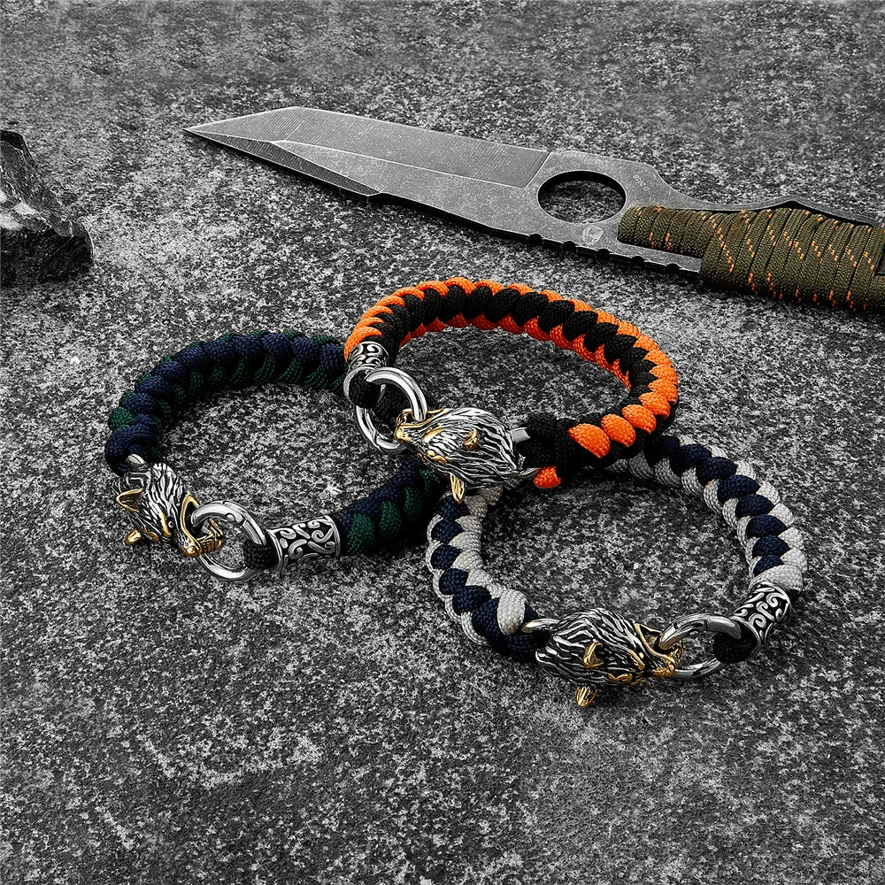 Retro Norse Odin's Wolf Survival Bracelets Men Viking Geri&Freki Stainless Steel Paracord Rope Bangles Handmade Outdoor Jewelry - Hiron Store