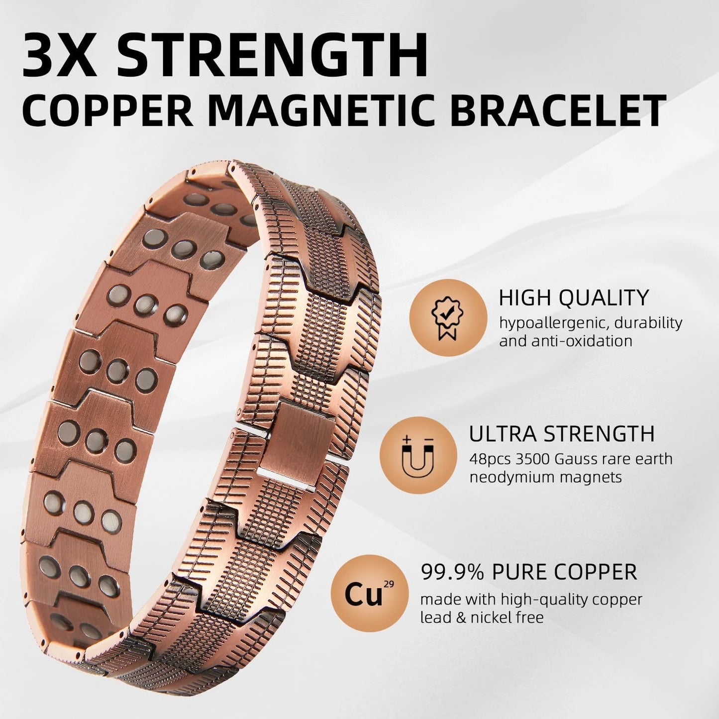 Men's Pure Copper Bracelet 3500 Gauss 3X Strength Magnetic Therapy Link Bracelets