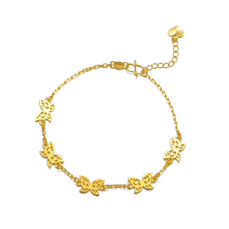 Real Gold Chain Bracelet for Women Pure Adjustable Five Butterflies Jewelry