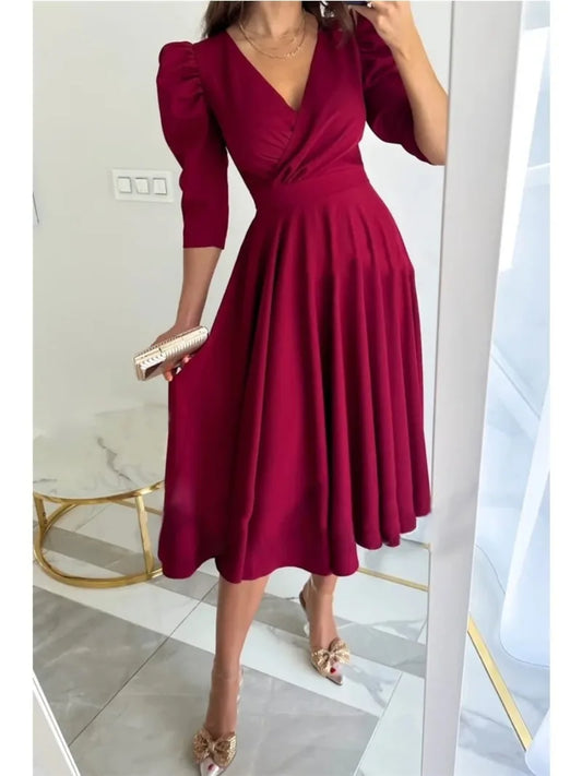 Women's Fashion A-line Skirt Commuter Solid Color V-Neck Waist Dress  Ladies Summer Puff Sleeve Big Swing Dresses - Hiron Store