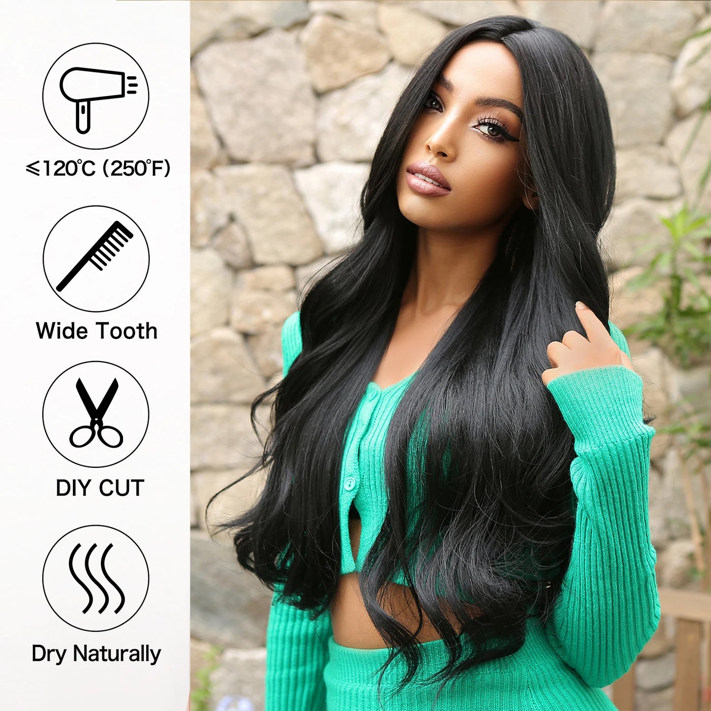 Black Long Body Wavy Synthetic Wigs for Women Afro Natural Black Hair Wigs Middle Part Heat Resistant Fiber Daily