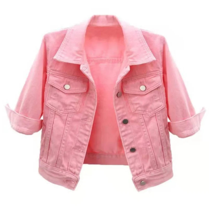 Women Denim Jacket Spring Autumn Short Coat Pink Jean Jackets