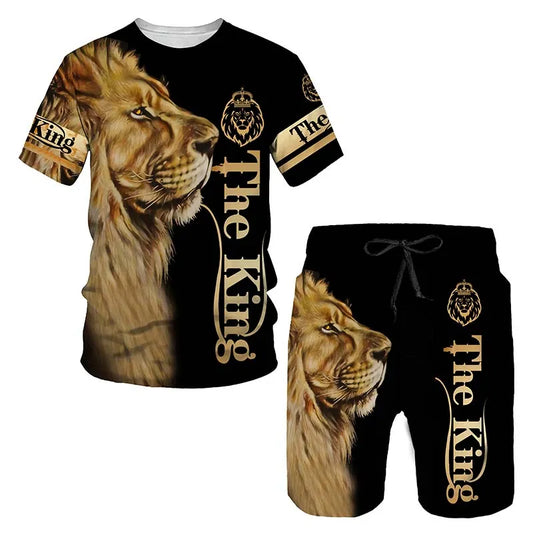 Summer Men T-shirt Set Tracksuit Cool Lion 3D Printed Short Sleeve Pants 2 Piece Casual Suit Sportswear Fashion Men's Clothing - Hiron Store