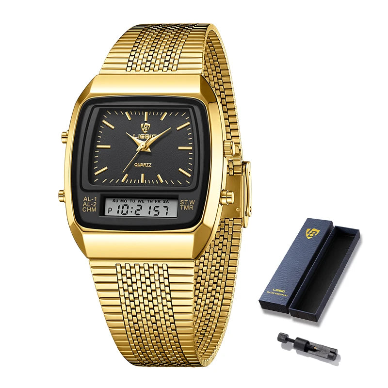 Watch Men Digital Dual Time Week Gold Sport 3bar Waterproof Quartz Wristwatches watch