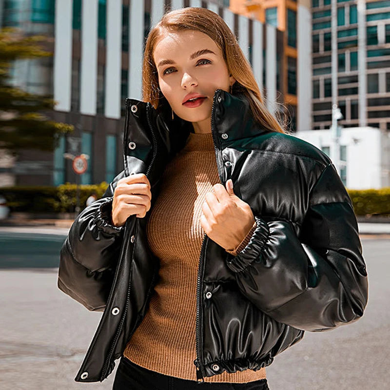 Winter Warm Leather Coats Women Short Parkas Fashion Black Cotton Padded Lady Down Jacket Elegant Zipper Clothes 2024