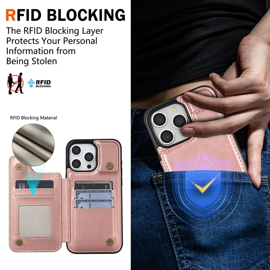 Wallet Solid Colour Magnetic Double Buckle RFID Blocking Card Leather Case For iPhone