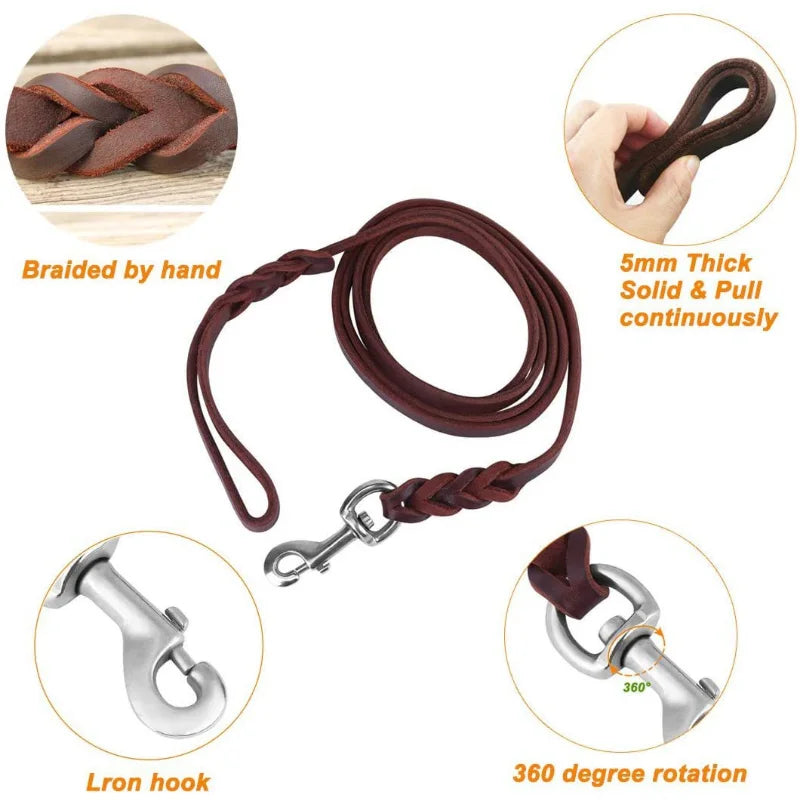 Genuine Leather Dog Leash Dogs Long Leashes Braided Pet Walking Training Leads Brown Black Colours for Medium Large Pet