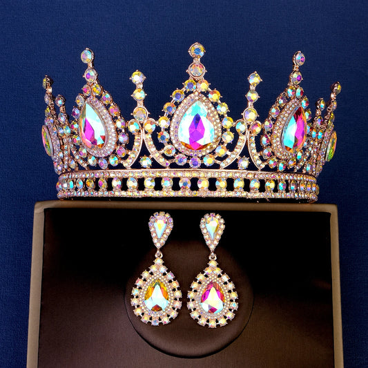 Baroque Crystal Crown Tiara  Earring Set Luxury Rhinestone Bridal Jewellery Sets