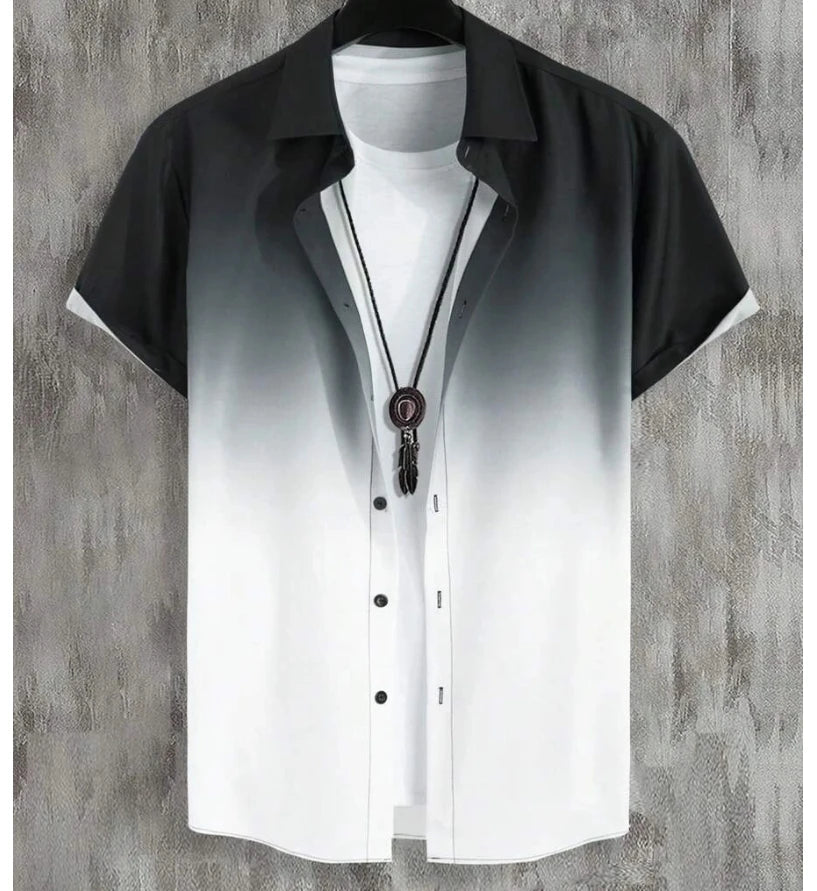2023 Cross-border Hawaiian Men's Short Sleeve Shirt Gradient Color Pocket Single Breasted Beach Casual Shirt - Hiron Store