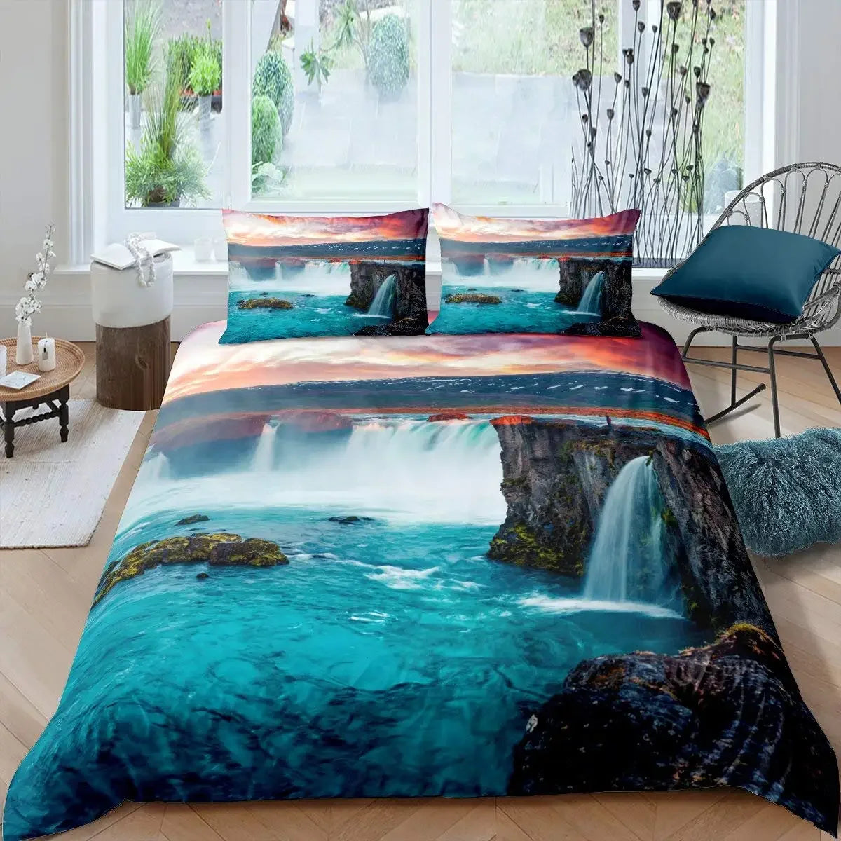 Waterfall Duvet Cover Set Natural Scenery Quilt Cover Pillowcase Landscape Forest Queen Size Polyester Bedding Set