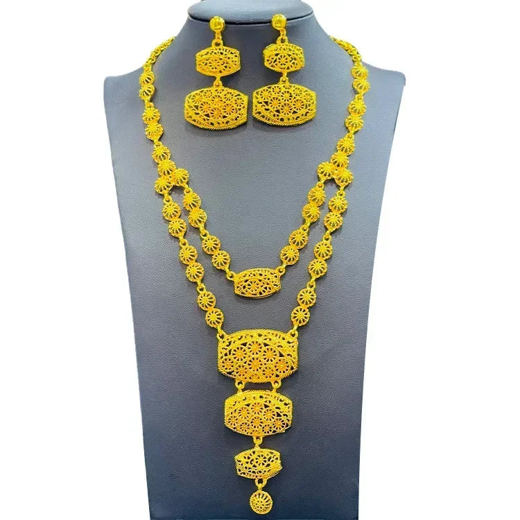 Dubai Jewelry Set For Women Necklace Earrings Indian Thailand Two Piece Set Gold Color