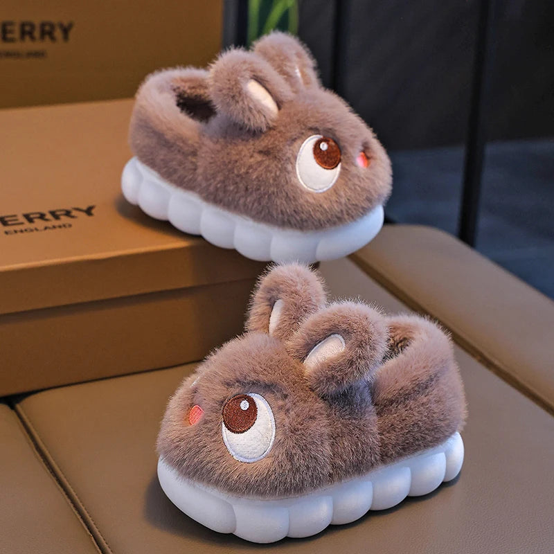 New Winter Cute Big eyed Rabbit Children's Cover Heel Warm Non-slip Fluffy Slippers