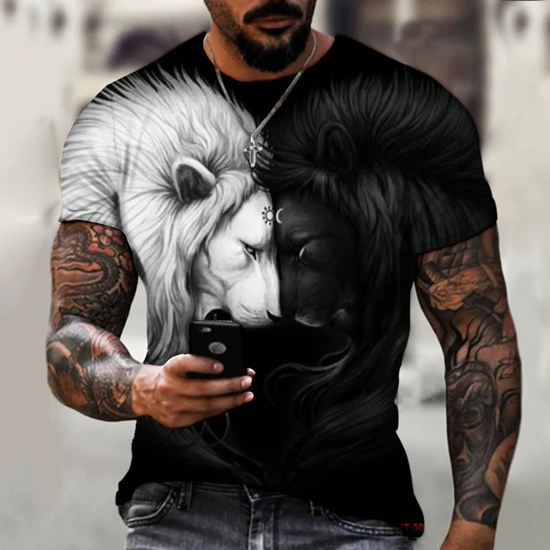 Summer Retro T-Shirt Animal Lion 3d Print Fashion Short Sleeve Top Elastic Oversized Clothing Sweatshirt Fitness T Shirt For Men - Hiron Store