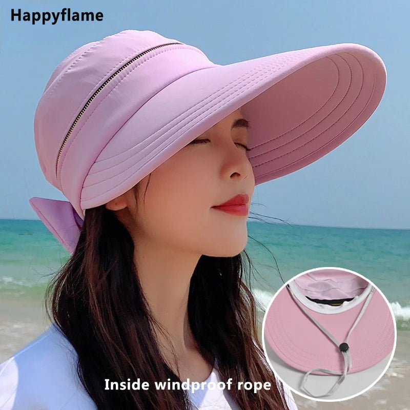 Women's Summer Sun Hat Removable Zipper Cap Top Anti-UV Foldable Big Brim Visor Cap for Cycling