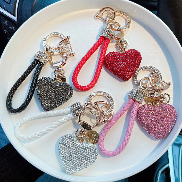 Clay full diamond love key chain studded leather rope cross-border heart-shaped car key chain