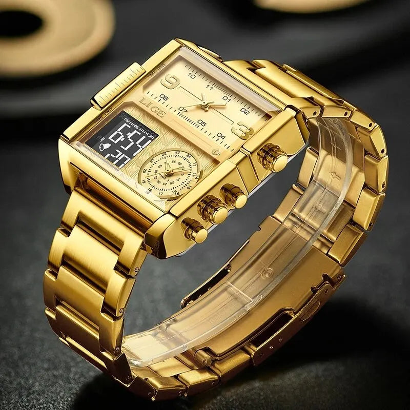 LIGE Luxury Original Men Sports Wrist Watch Gold Quartz Steel Waterproof Watches