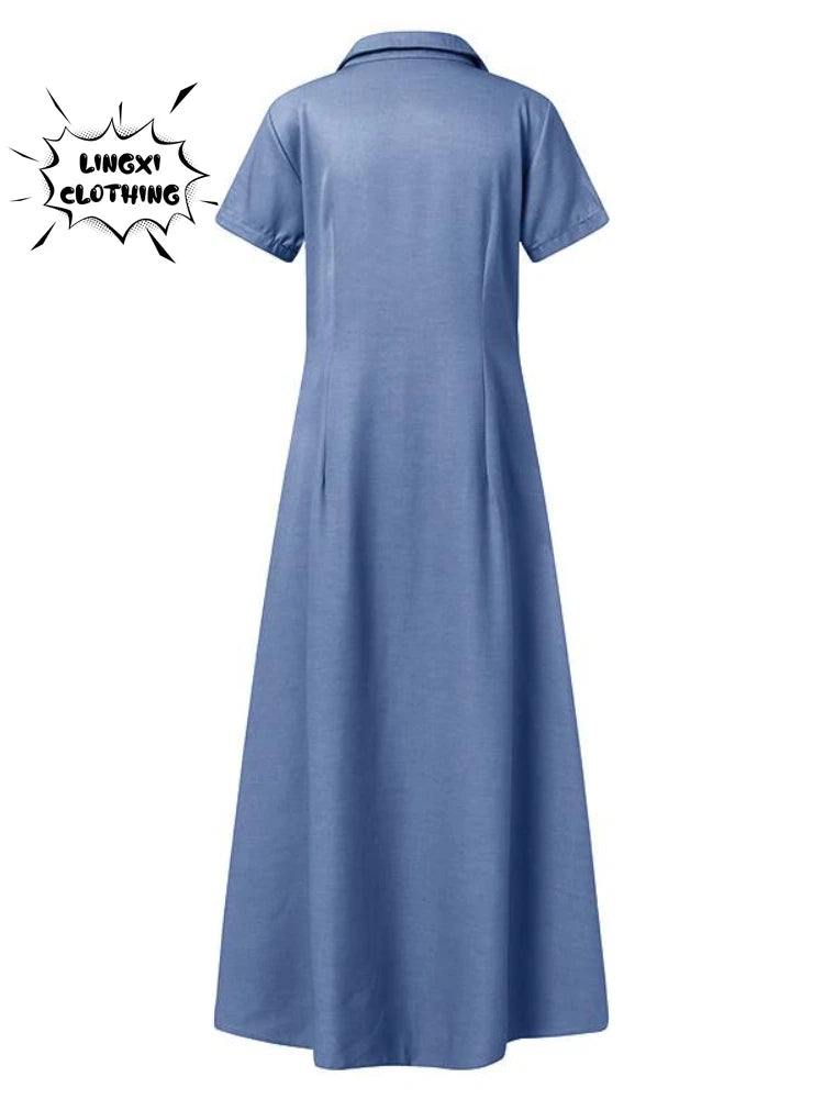 New Long Dress Shirt Neck Pocket Large Swing Dress Casual Elegant Temperament Single Breasted Denim Dress - Hiron Store