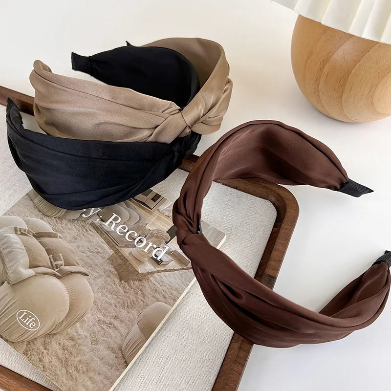 Retro Coffee Color Satin Knotted Wide Headbands Woman Temperament Elegant Hairband Hair Hoop Hair Fashion Accessories