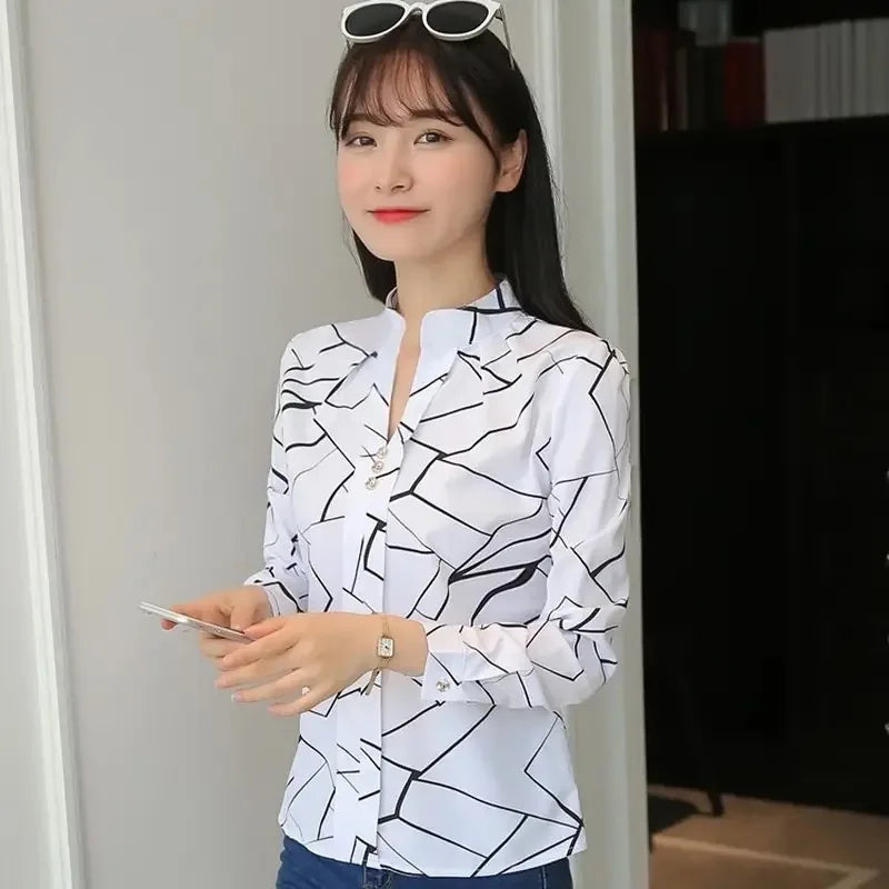 Women White Tops Blouses Fashion Stripe Print Casual Long Sleeve Office Lady OL Shirts Slim Blusas DF4970 - Hiron Store