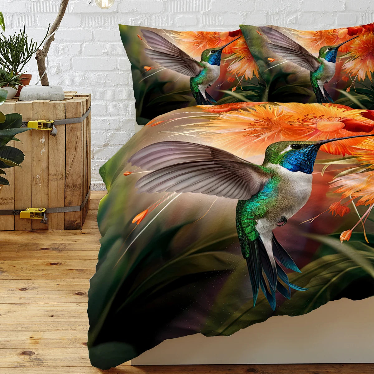 3pc Hummingbird Orange Flower Bud Pattern Duvet Cover Set Soft Bedding Cover Set Comforter Cover and Matching Pillowcases