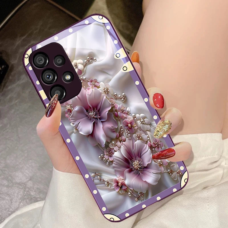 Box Pink Flowers For Samsung Galaxy S10 4G S20 11E 30 S21 22 S24 Fe Pro S23 S25 Ultra 5G S9 Tempered Glass Phone Case