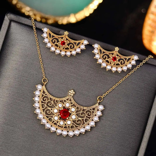 Vintage Hollow Geometric CZ Crystal Necklace Earrings Set Luxury Zircon Bridal Jewelry Sets Nigerian Dubai Wedding Bijoux Gifts