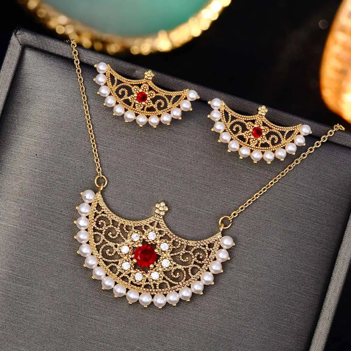 Vintage Hollow Geometric CZ Crystal Necklace Earrings Set Luxury Zircon Bridal Jewelry Sets Nigerian Dubai Wedding Bijoux Gifts - Hiron Store