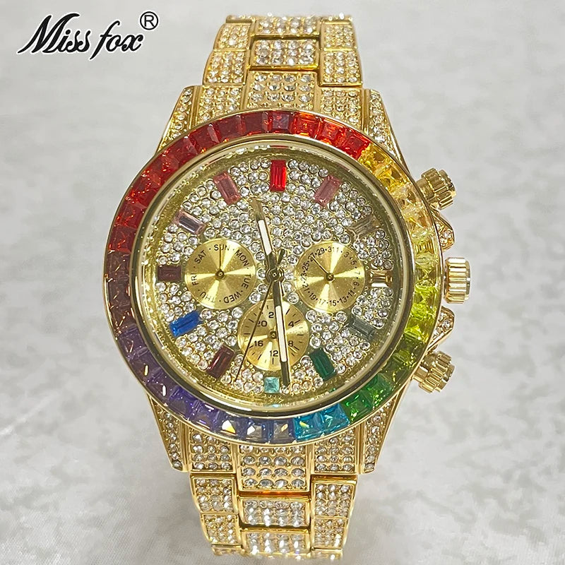 2024 Luxury Brand MISSFOX Gold Hip Hop Watches Men Fashion Rainbow Diamond Waterproof Smart Watch Full Steel Sports Clocks Male - Hiron Store