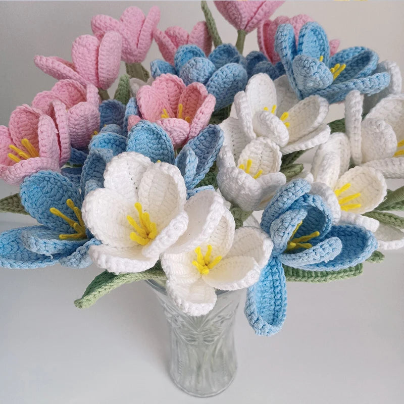 New Hand-Knitted Flowers Artificial Tulips Bouquet Cotton Yarn Crochet Fake Flowers for Wedding Home Table Decor New Year Gifts - Hiron Store