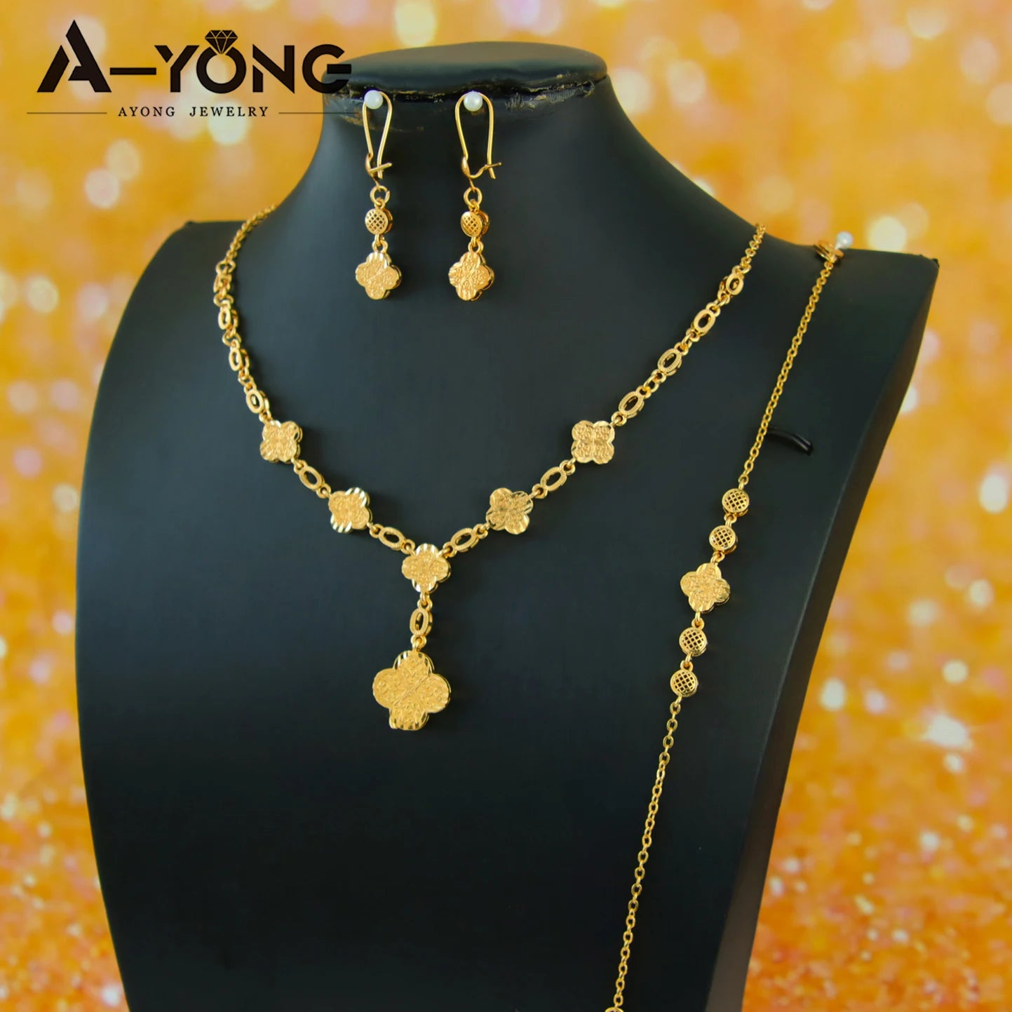 Italian Elegant Gold Color Bead Flower Necklace Set 21k Gold Plated Dubai French Women Bridal Cocktail Party Jewelry