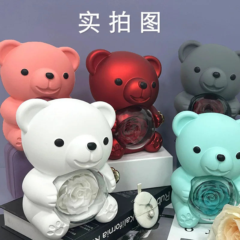 Eternal Rose Teddy Bear Gifts Box with Necklace Rotate Rose Jewelry Box