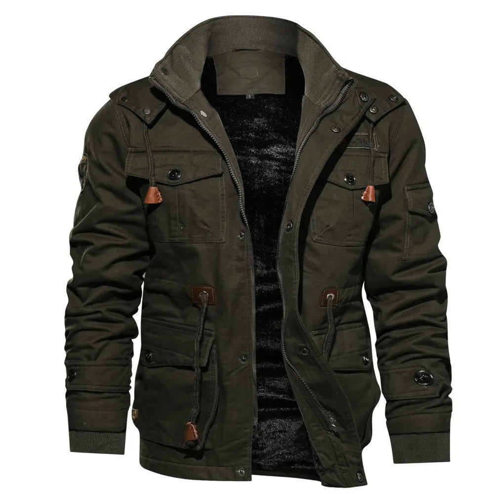 Men's cargo jacket warm fleece hooded coat top casual military cotton men's clothing