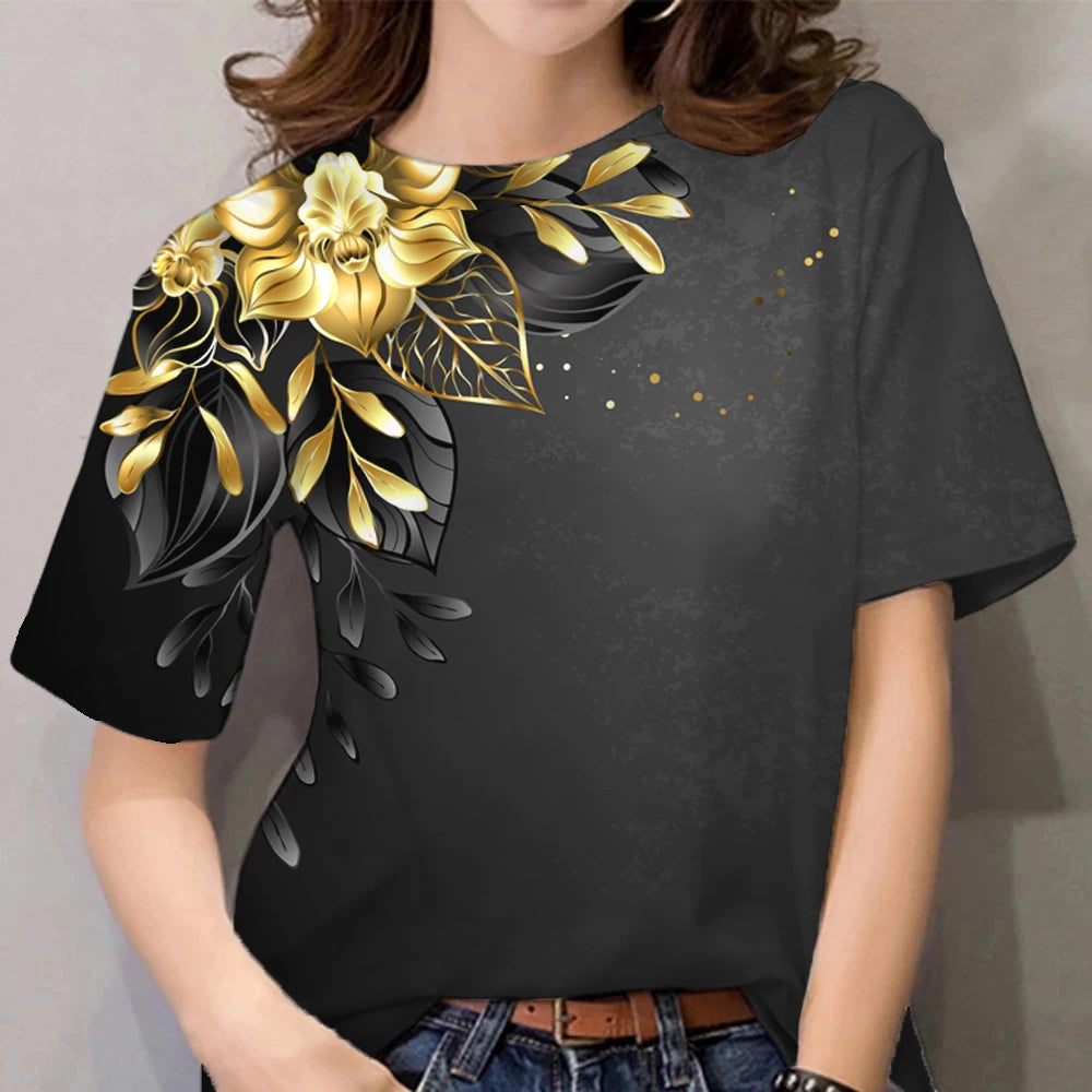 2023 New Luxury Women's T shirt Floral Print Harajuku Clothes O Neck Casual Short Sleeve Tees Daily Y2k Blouse Oversized Tops - Hiron Store