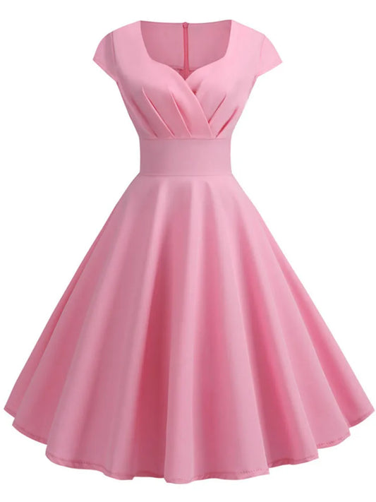 Pink Summer Dress Women V Neck Vintage Robe Elegant Retro pin up Party Office Midi Dresses - Hiron Store