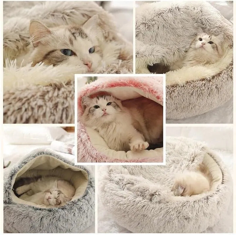 Soft Plush Pet Bed with Cover Round Cat Bed Pet Mattress Warm Cat Dog 2 in 1 Sleeping Nest Cave for Small Dogs - Hiron Store