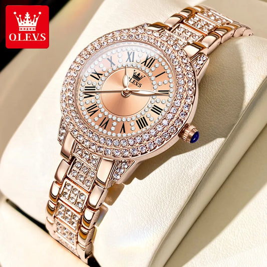 OLEVS Women's Watches Fashion Original Quartz Wrist Watch for Ladies Roman Dial Dazzling Diamond Waterproof Luminous Luxury New - Hiron Store